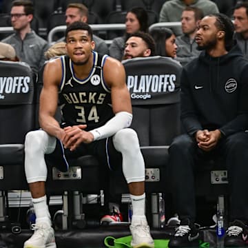 Apr 27, 2025; Milwaukee, Wisconsin, USA; Milwaukee Bucks forward Giannis Antetokounmpo (34) looks on in the final seconds of the game against the Indiana Pacers during game four of first round for the 2024 NBA Playoffs at Fiserv Forum. Mandatory Credit: Benny Sieu-Imagn Images