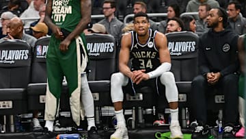Milwaukee Bucks forward Giannis Antetokounmpo looks on in the final seconds of the game against the Indiana Pacers.