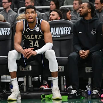 Apr 27, 2025; Milwaukee, Wisconsin, USA; Milwaukee Bucks forward Giannis Antetokounmpo (34) looks on in the final seconds of the game against the Indiana Pacers during game four of first round for the 2024 NBA Playoffs at Fiserv Forum. Mandatory Credit: Benny Sieu-Imagn Images