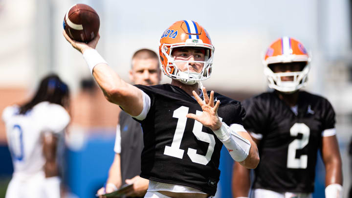 Florida Gators quarterback Graham Mertz (15) throws the ball during fall football practice at Heavener Football Complex at the University of Florida in Gainesville, FL on Wednesday, July 31, 2024. [Matt Pendleton/Gainesville Sun]