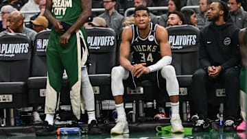 Milwaukee Bucks forward Giannis Antetokounmpo looks on in the final seconds of the game (Benny Sieu-Imagn Images)