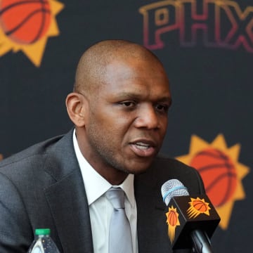 May 17, 2024; Phoenix, AZ, USA; Phoenix Suns General Manager James Jones speaks during a press conference to announce Mike Budenholzer as head coach. Mandatory Credit: Joe Camporeale-USA TODAY Sports