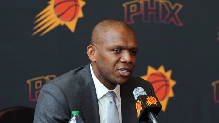 May 17, 2024; Phoenix, AZ, USA; Phoenix Suns General Manager James Jones speaks during a press conference to announce Mike Budenholzer as head coach. Mandatory Credit: Joe Camporeale-USA TODAY Sports