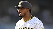 Sep 1, 2025; San Diego, California, USA; San Diego Padres designated hitter Luis Arraez (4) celebrates after hitting an RBI single during the second inning against the Baltimore Orioles at Petco Park. Mandatory Credit: Denis Poroy-Imagn Images