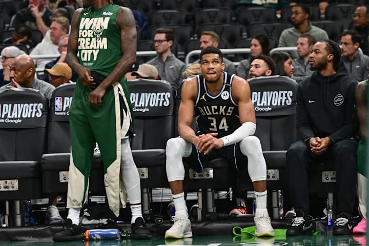 Milwaukee Bucks forward Giannis Antetokounmpo looks on in the final seconds of the game against the Indiana Pacers.