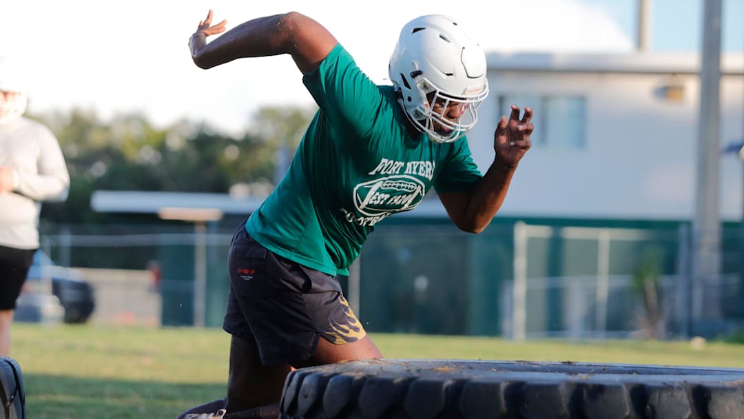 Kendall Guervil participates in early morning drills. Fort Myers High School football players were up early on Tuesday, August 1, 2023, as practices got underway for their upcoming season.