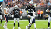 Sep 28, 2025; Paradise, Nevada, USA; Las Vegas Raiders cornerback Eric Stokes (22) celebrates during the second half against the Chicago Bears at Allegiant Stadium. Mandatory Credit: Stephen R. Sylvanie-Imagn Images