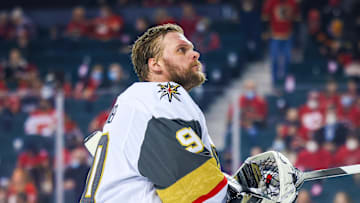 Feb 9, 2022; Calgary, Alberta, CAN; Vegas Golden Knights goaltender Robin Lehner (90) looks on during the first period against the Calgary Flames at Scotiabank Saddledome. Mandatory Credit: Sergei Belski-Imagn Images