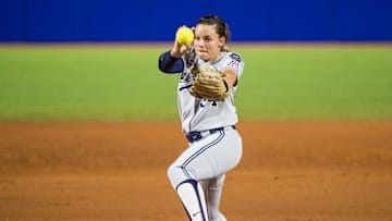 Jun 3, 2022; Oklahoma City, Oklahoma, USA;  Arizona Wildcats pitcher Devyn Netz (34) throws a pitch during the second inning of the NCAA Women's College World Series game against the Oregon State Beavers at USA Softball Hall of Fame Stadium. Mandatory Credit: Brett Rojo-Imagn Images