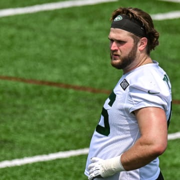 May 23, 2023; Florham Park, NJ, USA; New York Jets center Joe Tippmann (66) looks on during OTA s at Atlantic Health Jets Training Center.  