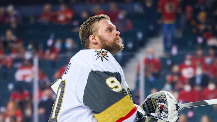 Feb 9, 2022; Calgary, Alberta, CAN; Vegas Golden Knights goaltender Robin Lehner (90) looks on during the first period against the Calgary Flames at Scotiabank Saddledome. Mandatory Credit: Sergei Belski-Imagn Images
