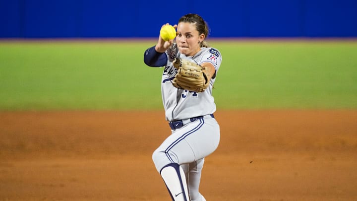 Jun 3, 2022; Oklahoma City, Oklahoma, USA;  Arizona Wildcats pitcher Devyn Netz (34) throws a pitch during the second inning of the NCAA Women's College World Series game against the Oregon State Beavers at USA Softball Hall of Fame Stadium. Mandatory Credit: Brett Rojo-Imagn Images
