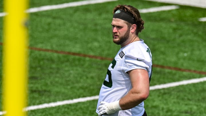 May 23, 2023; Florham Park, NJ, USA; New York Jets center Joe Tippmann (66) looks on during OTA s at Atlantic Health Jets Training Center.  