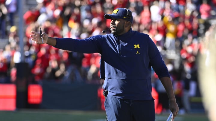 Nov 18, 2023; College Park, Maryland, USA; Michigan Wolverines interim head coach Sherrone Moore during the second half at SECU Stadium. Mandatory Credit: Brad Mills-USA TODAY Sports