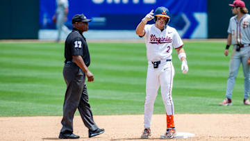May 24, 2024; Charlotte, NC, USA; Virginia Cavaliers infielder Henry Godbout (2) celebrates a double in the seventh inning against the Florida State Seminoles during the ACC Baseball Tournament at Truist Field. Mandatory Credit: Scott Kinser-Imagn Images