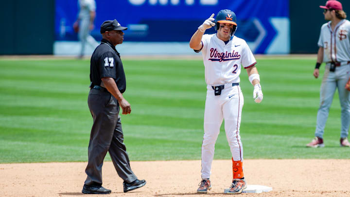 May 24, 2024; Charlotte, NC, USA; Virginia Cavaliers infielder Henry Godbout (2) celebrates a double in the seventh inning against the Florida State Seminoles during the ACC Baseball Tournament at Truist Field. Mandatory Credit: Scott Kinser-Imagn Images