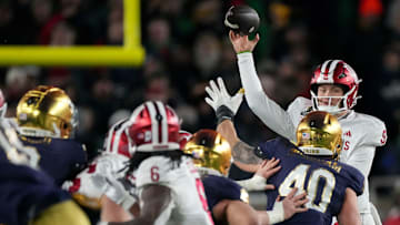 Indiana Hoosiers quarterback Kurtis Rourke (9) passes the ball during the second half of a game between the Indiana Hoosiers and the Notre Dame Fighting Irish in first round of the College Football Playoff on Friday, Dec. 20, 2024, in South Bend. Notre Dame defeated Indiana 27-17.
