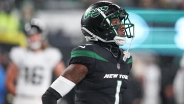 Dec 22, 2022; East Rutherford, New Jersey, USA; New York Jets cornerback Sauce Gardner (1) looks up in front of New York Jets wide receiver Jeff Smith (16) during the first half at MetLife Stadium.