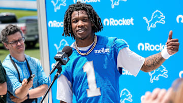 Detroit Lions wide receiver Jameson Williams answers a question after practice during OTAs at Meijer Performance Center in Allen Park on Friday, May 30, 2025.