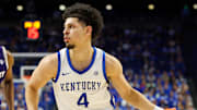 Oct 23, 2024; Lexington, KY, USA; Kentucky Wildcats guard Koby Brea (4) drives to the basket during the second half against the Kentucky Wesleyan Panthers at Rupp Arena at Central Bank Center. Mandatory Credit: Jordan Prather-Imagn Images