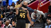Nov 27, 2022; Detroit, Michigan, USA;  Cleveland Cavaliers guard Donovan Mitchell (45) gets a hug