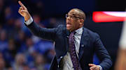 Dec 2, 2025; Lexington, Kentucky, USA; North Carolina Tar Heels head coach Hubert Davis yells to his players during the first half against the Kentucky Wildcats at Rupp Arena at Central Bank Center. Mandatory Credit: Jordan Prather-Imagn Images