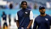 Tennessee Titans quarterback Cam Ward warms up before a game against the Los Angeles Chargers at Nissan Stadium in Nashville, Tenn., Sunday, Nov. 2, 2025.