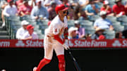 Sep 10, 2025; Anaheim, California, USA;  Los Angeles Angels shortstop Zach Neto (9) hits a two-run home run during the third inning against the Minnesota Twins at Angel Stadium. Mandatory Credit: Kiyoshi Mio-Imagn Images
