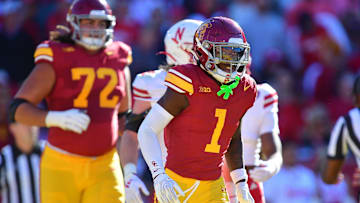 Nov 16, 2024; Los Angeles, California, USA; Southern California Trojans wide receiver Zachariah Branch (1) celebrates his touchdown scored against the Nebraska Cornhuskers during the first half at the Los Angeles Memorial Coliseum. Mandatory Credit: Gary A. Vasquez-Imagn Images