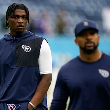 Tennessee Titans quarterback Cam Ward warms up before a game against the Los Angeles Chargers at Nissan Stadium in Nashville, Tenn., Sunday, Nov. 2, 2025.