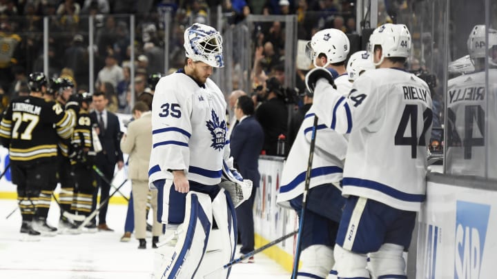 May 4, 2024; Boston, Massachusetts, USA; Toronto Maple Leafs goaltender Ilya Samsonov (35) skates off the ice after the Boston Bruins won in overtime in game seven of the first round of the 2024 Stanley Cup Playoffs at TD Garden. Mandatory Credit: Bob DeChiara-USA TODAY Sports