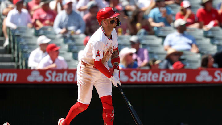 Sep 10, 2025; Anaheim, California, USA;  Los Angeles Angels shortstop Zach Neto (9) hits a two-run home run during the third inning against the Minnesota Twins at Angel Stadium. Mandatory Credit: Kiyoshi Mio-Imagn Images