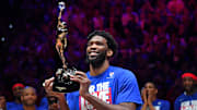 May 5, 2023; Philadelphia, Pennsylvania, USA; Philadelphia 76ers center Joel Embiid (21) with the MVP trophy before game three of the 2023 NBA playoff against the Boston Celtics at Wells Fargo Center. Mandatory Credit: Eric Hartline-Imagn Images