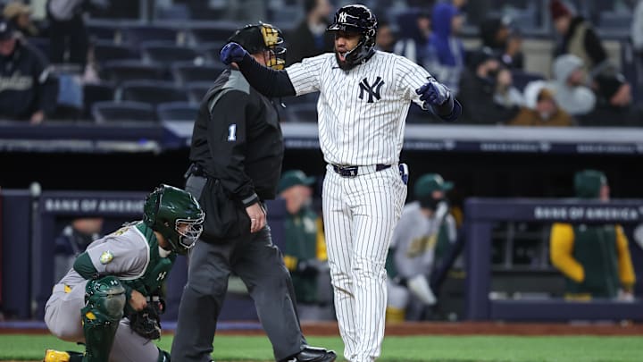 Apr 7, 2026: New York Yankees third baseman Amed Rosario (14) hits a three run home run in the eighth inning against the Athletics at Yankee Stadium. 
