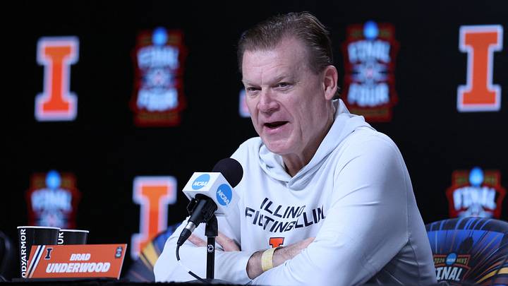 Apr 3, 2026; Indianapolis, IN, USA; Illinois Fighting Illini head coach Brad Underwood speaks during a press conference ahead of the Final Four of the men's 2026 NCAA Tournament at Lucas Oil Stadium. Mandatory Credit: Trevor Ruszkowski-Imagn Images