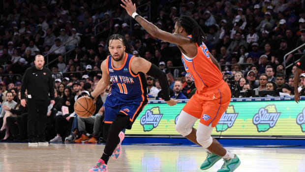 Mar 31, 2024; New York, New York, USA; New York Knicks guard Jalen Brunson (11) drives to the basket