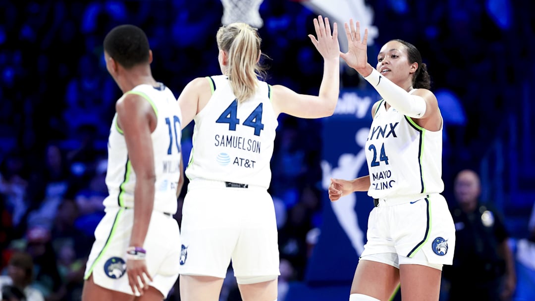May 16, 2025; Arlington, Texas, USA;  Minnesota Lynx forward Napheesa Collier (24) celebrates with Minnesota Lynx forward Karlie Samuelson (44) and Minnesota Lynx guard Courtney Williams (10) during the second half against the Dallas Wings at College Park Center. Mandatory Credit: Kevin Jairaj-Imagn Images