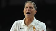 Nov 13, 2024; Los Angeles, California, USA; Southern California Trojans head coach Eric Musselman reacts against the Texas-Arlington Mavericks at Galen Center. Mandatory Credit: Kirby Lee-Imagn Images