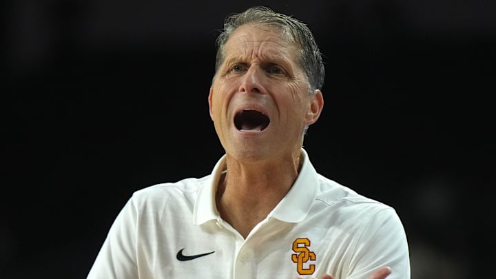 Nov 13, 2024; Los Angeles, California, USA; Southern California Trojans head coach Eric Musselman reacts against the Texas-Arlington Mavericks at Galen Center. Mandatory Credit: Kirby Lee-Imagn Images Nov 13, 2024; Los Angeles, California, USA; Southern California Trojans head coach Eric Musselman reacts against the Texas-Arlington Mavericks at Galen Center. Mandatory Credit: Kirby Lee-Imagn Images