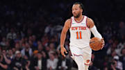 Nov 3, 2025; New York, New York, USA; New York Knicks guard Jalen Brunson (11) dribbles during the first half against the Washington Wizards at Madison Square Garden. Mandatory Credit: Lucas Boland-Imagn Images