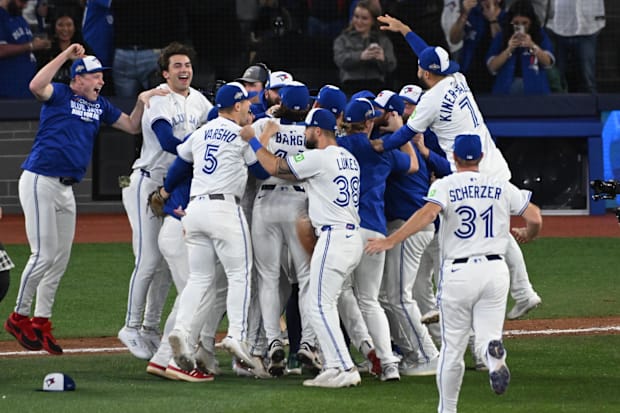 Toronto Blue Jays celebrate after winning game seven