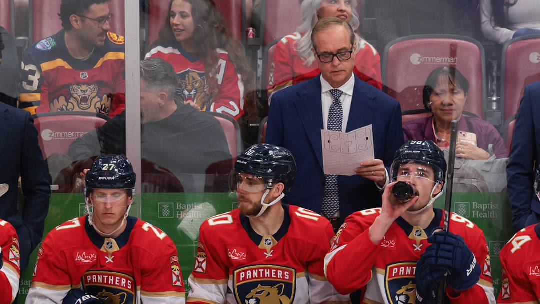 Apr 15, 2026; Sunrise, Florida, USA; Florida Panthers head coach Paul Maurice reads his notes from the bench against the Detroit Red Wings during the third period at Amerant Bank Arena. Mandatory Credit: Sam Navarro-Imagn Images