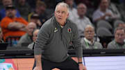 Mar 11, 2025; Charlotte, NC, USA; Virginia Tech Hokies head coach Mike Young during OT against the California Golden Bears at Spectrum Center. Mandatory Credit: Jim Dedmon-Imagn Images