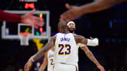 Apr 6, 2024; Los Angeles, California, USA; Los Angeles Lakers forward LeBron James (23) greets forward Anthony Davis (3) during the second half at Crypto.com Arena. Mandatory Credit: Gary A. Vasquez-USA TODAY Sports