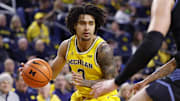 Dec 9, 2025; Ann Arbor, Michigan, USA;  Michigan Wolverines guard Elliot Cadeau (3) dribbles in the first half against the Villanova Wildcats at Crisler Center. Mandatory Credit: Rick Osentoski-Imagn Images
