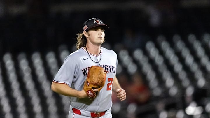 Nov 9, 2025; Mesa, AZ, USA; Washington Nationals pitcher Jake Bennett (24) during the Arizona Fall League Fall Stars Game at Sloan Park. Mandatory Credit: Mark J. Rebilas-Imagn Images