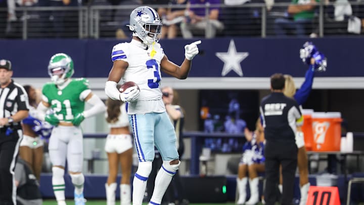 Nov 23, 2025; Arlington, Texas, USA; Dallas Cowboys wide receiver George Pickens (3) reacts after a play in the fourth quarter against the Philadelphia Eagles  at AT&T Stadium. Mandatory Credit: Kevin Jairaj-Imagn Images