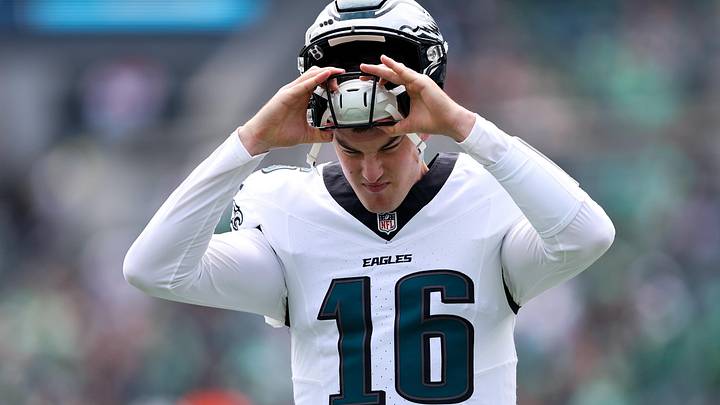 Aug 16, 2025; Philadelphia, Pennsylvania, USA; Philadelphia Eagles quarterback Tanner McKee (16) takes the field before a game against the Cleveland Browns at Lincoln Financial Field. Mandatory Credit: Bill Streicher-Imagn Images