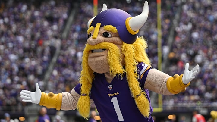 Viktor, the Minnesota Vikings mascot entertains fans before the game against the Los Angeles Chargers at U.S. Bank Stadium. Viktor, the Minnesota Vikings mascot entertains fans before the game against the Los Angeles Chargers at U.S. Bank Stadium.
