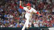 Aug 31, 2024; Philadelphia, Pennsylvania, USA; Philadelphia Phillies pitcher Jeff Hoffman (23) throws a pitch during the eighth inning against the Atlanta Braves at Citizens Bank Park.